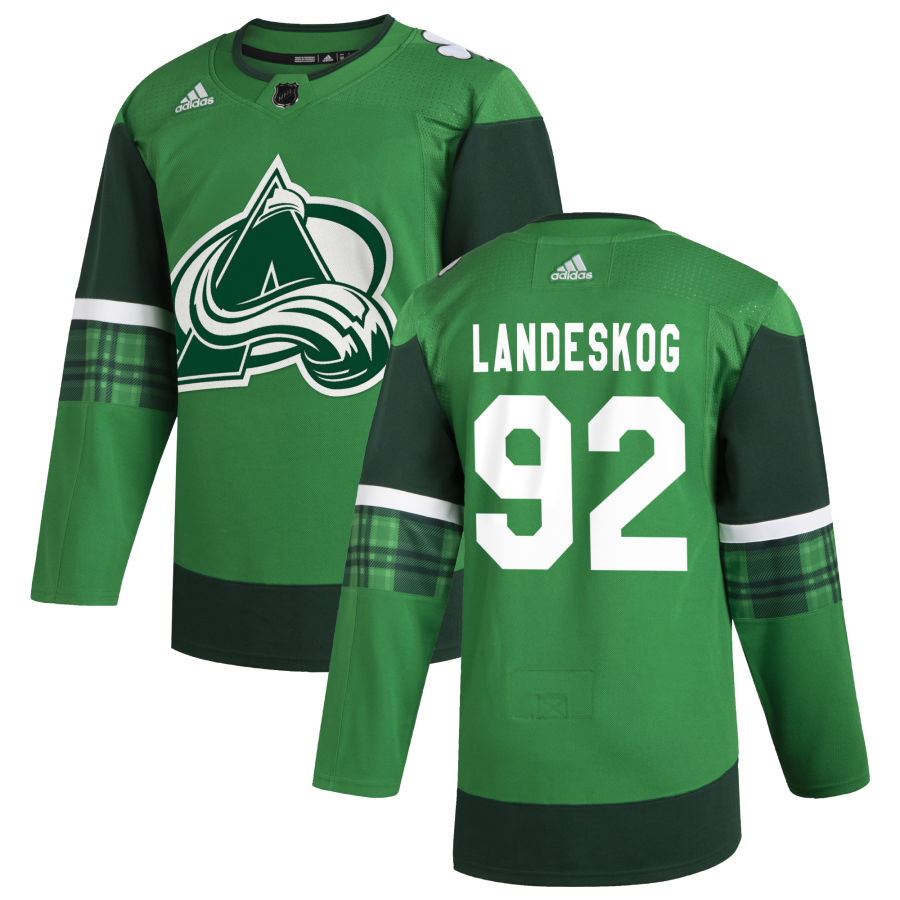 Colorado Avalanche #92 Gabriel Landeskog Men Adidas 2020 St. Patrick Day Stitched NHL Jersey Green